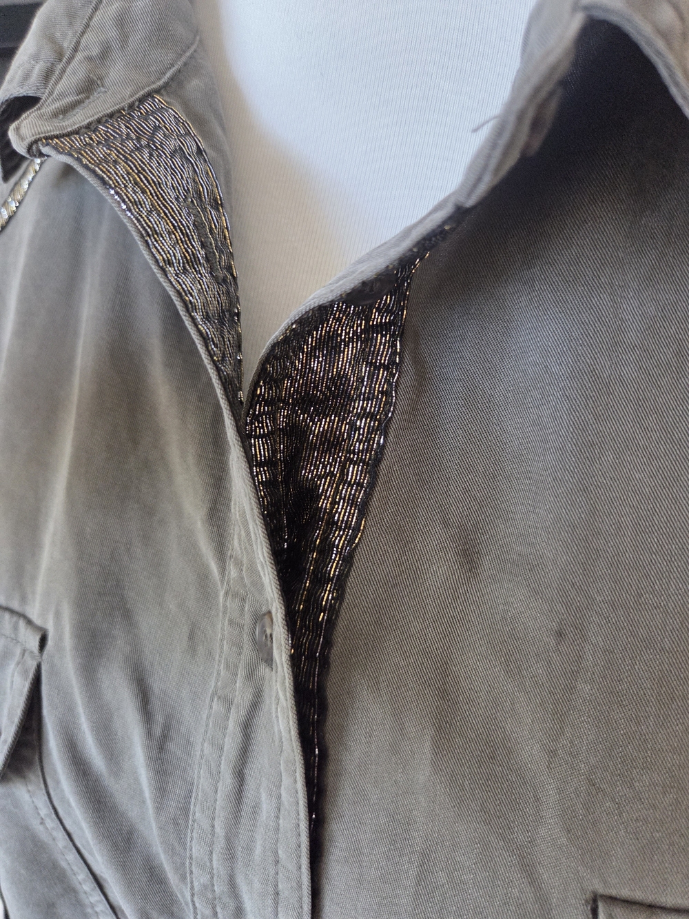 Free People Off Campus Button-Down Shirt Olive Green Metallic Trim - Picture 5 of 11